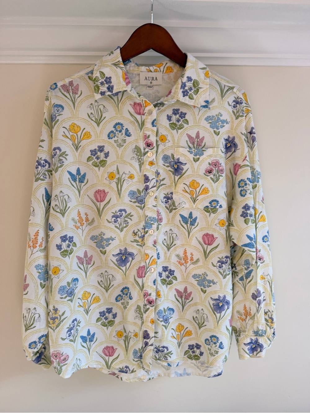 Aura Floral Button-Front Top in Pink, Blue, Yellow and Green on Cream